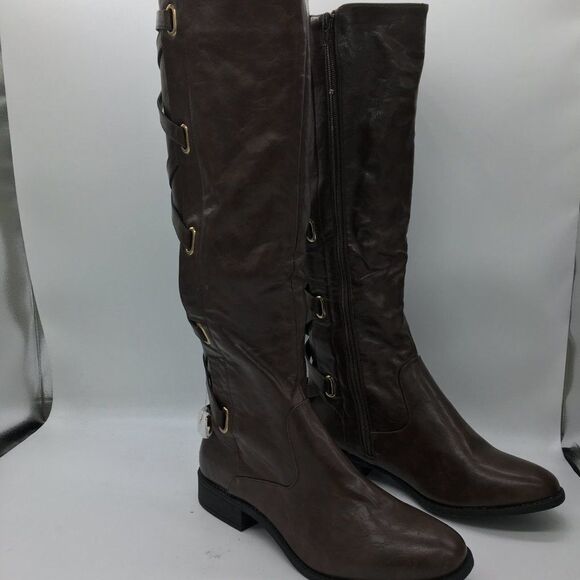 Brown Knee High Boots Low Heels Side Zipper Fall Winter Boots Shoes - Picture 2 of 10